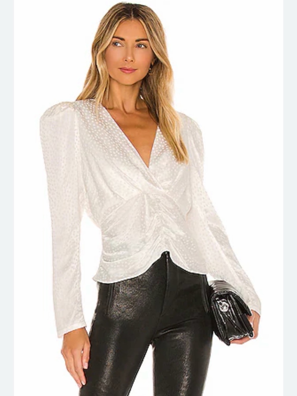 Ronny Kobo Collection Cream Ivory Dot-Texture V-Neck Ruched Blouse